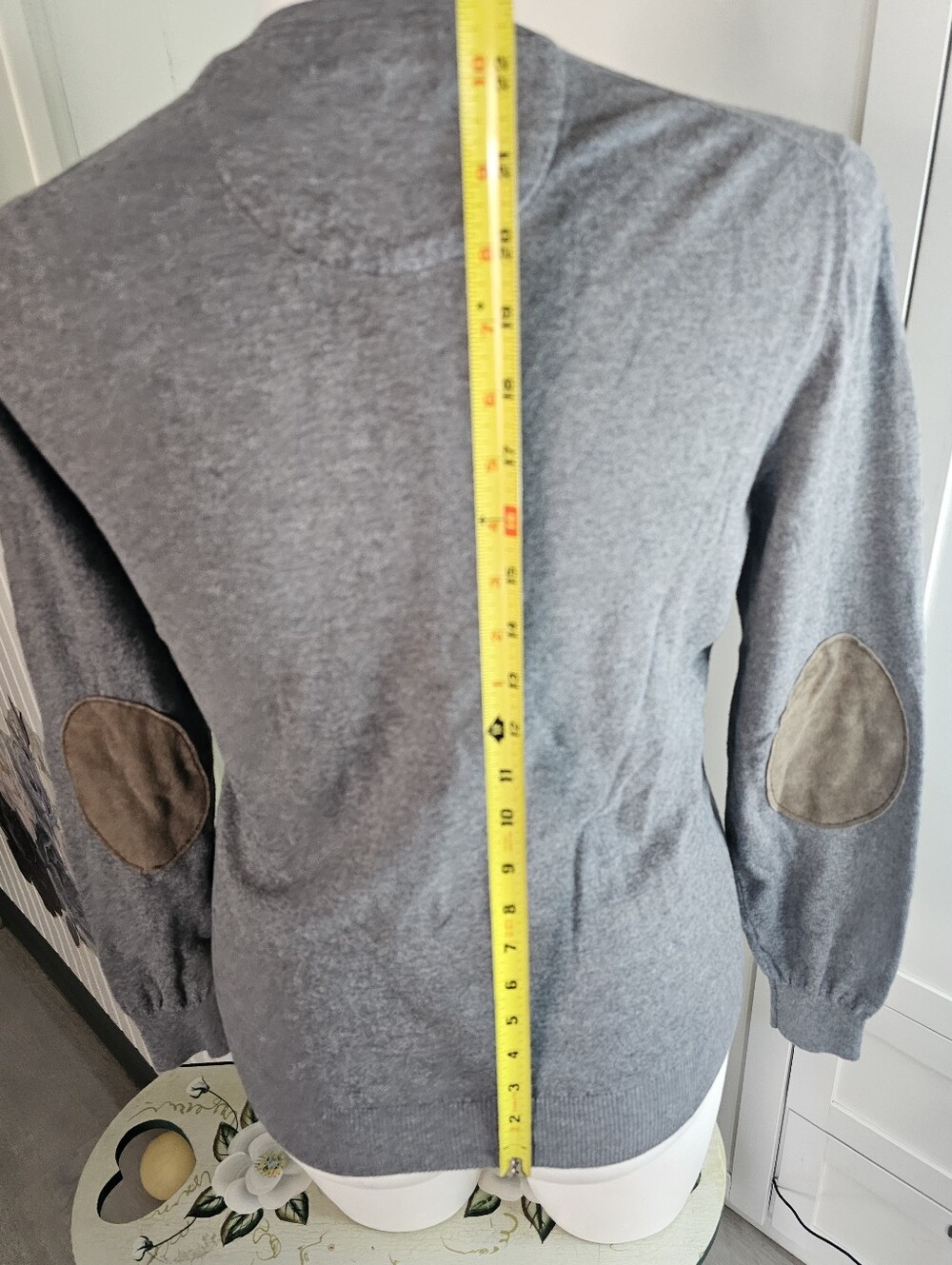 Massimo Dutti Women L Gray Cotton Silk Cashmere V Neck Sweater Suede Elbow Patch - Picture 10 of 12